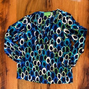 Pappagallo Classic Navy Blue Tie Front Blouse with Fun Print, Size Small